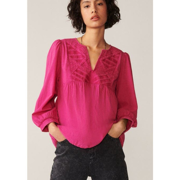 ba&sh Ilo Top 3/4 Sleeve Split Neck Embroidered Bib Fuchsia Pink NWT Size XS - Picture 1 of 13